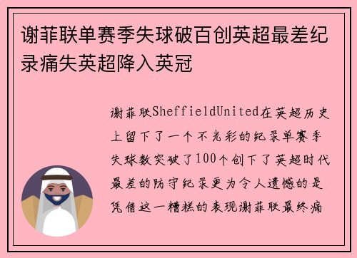 谢菲联单赛季失球破百创英超最差纪录痛失英超降入英冠